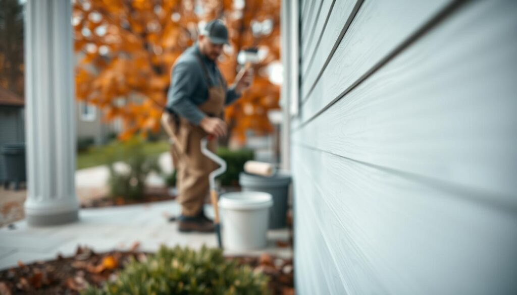 A close-up view of a professional painter applying a primer to a building's exterior wall, the painter dressed in modest work attire. The foreground captures the texture of the freshly applied primer, showcasing smooth, even strokes. In the middle ground, the painter is focused on the task, with a paint roller and bucket beside them. The background features a fall setting with colorful leaves, hinting at the approach of winter. Soft, diffused daylight illuminates the scene, enhancing the colors and textures, while a slight depth of field creates a gentle blur around the edges, drawing attention to the painter's meticulous work. The atmosphere is calm and industrious, suggesting preparation and care in home improvement before winter.