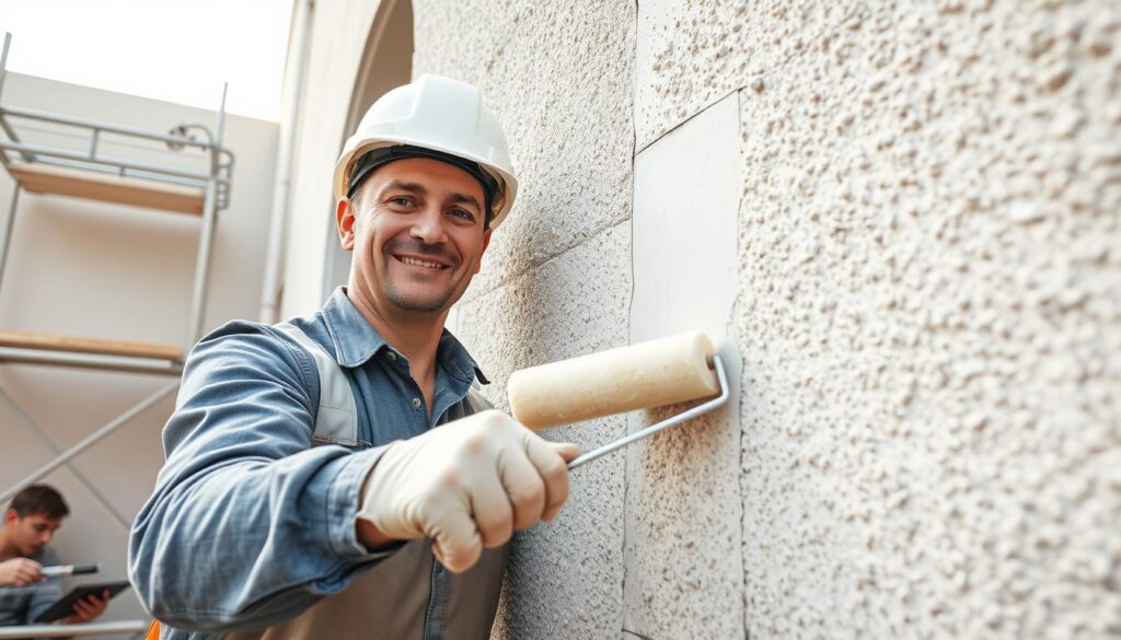 A close-up view of a professional worker in a hard hat and safety gear applying a protective sealant to a textured exterior wall, showcasing techniques to prevent cracks. The foreground features the applicator with a roller in hand, emphasizing the smooth application of sealant. In the middle ground, the textured wall displays some visible small cracks being treated, demonstrating the repair process. The background includes scaffolding and tools, hinting at an ongoing renovation project. Soft, natural daylight illuminates the scene, creating a bright and optimistic atmosphere. The camera angle is slightly elevated, capturing both the worker's focused expression and the work being performed, while ensuring a clear and clean composition without any distractions.