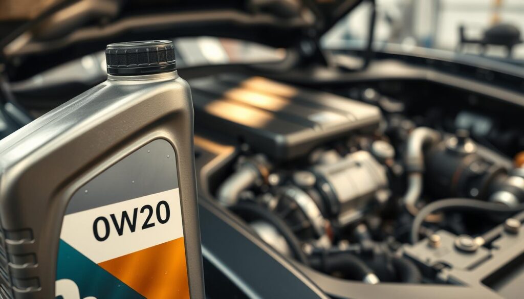 A close-up view of a sleek, modern engine showcasing the oil sump filled with 0W20 motor oil, surrounded by various car components. In the foreground, the shiny oil bottle labeled "0W20" is elegantly displayed, with droplets of oil shimmering in soft light. The middle ground features a well-lit engine bay, highlighting the intricate components of a high-performance engine, possibly a hybrid or electric vehicle. The background softly blurs into a clean workshop setting with subtle details of tools and equipment. The overall atmosphere is professional and technical, invoking a sense of innovation and precision in modern engine technology. The lighting is bright yet warm, emphasizing the clarity and richness of the motor oil's texture, ideally shot from a slightly elevated angle for depth.