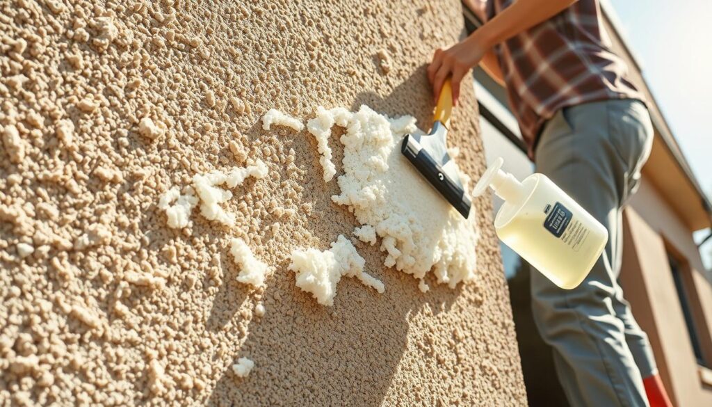 A close-up view of a textured building facade featuring dried construction foam residue. In the foreground, a person in modest casual clothing, equipped with a scraper and cleaning solution, is engaged in the process of removing the foam. The middle layer showcases the foam being carefully scraped away, revealing the underlying surface. In the background, a bright, sunny day enhances the clarity of the scene, with soft shadows cast by the building. The overall atmosphere is one of diligence and efficiency, emphasizing a practical approach to cleaning. The lighting is natural, showcasing vibrant colors and textures, capturing the essence of a home improvement project in progress.