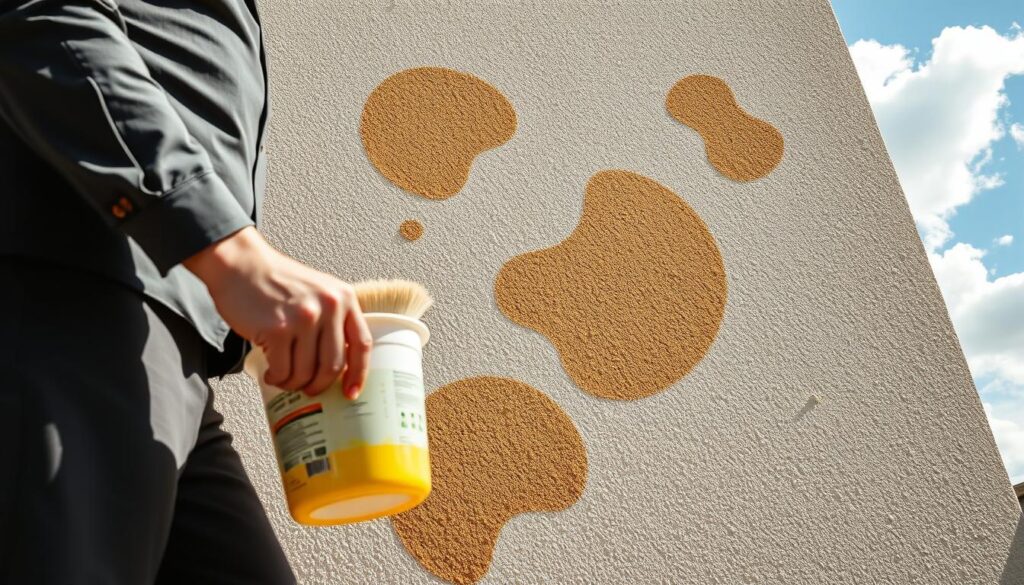 A close-up view of a textured exterior wall with visible stains resembling egg residue. The foreground showcases a person in professional casual clothing, holding a cleaning brush and bucket with a mixture of mild cleaning solution, focused on a particular stain. In the middle, the wall features various degrees of discoloration and dirt, highlighting the process of cleaning. The background displays a sunny day with clear blue skies and a few fluffy clouds, creating a bright and cheerful atmosphere. Soft, natural lighting reflects off the cleaned sections of the wall, emphasizing the contrast between the clean and stained areas. Capture this scene from a slight angle to add depth, showcasing both the effort involved in cleaning and the effectiveness of the method. A close-up view of a textured exterior wall with visible stains resembling egg residue. The foreground showcases a person in professional casual clothing, holding a cleaning brush and bucket with a mixture of mild cleaning solution, focused on a particular stain. In the middle, the wall features various degrees of discoloration and dirt, highlighting the process of cleaning. The background displays a sunny day with clear blue skies and a few fluffy clouds, creating a bright and cheerful atmosphere. Soft, natural lighting reflects off the cleaned sections of the wall, emphasizing the contrast between the clean and stained areas. Capture this scene from a slight angle to add depth, showcasing both the effort involved in cleaning and the effectiveness of the method.