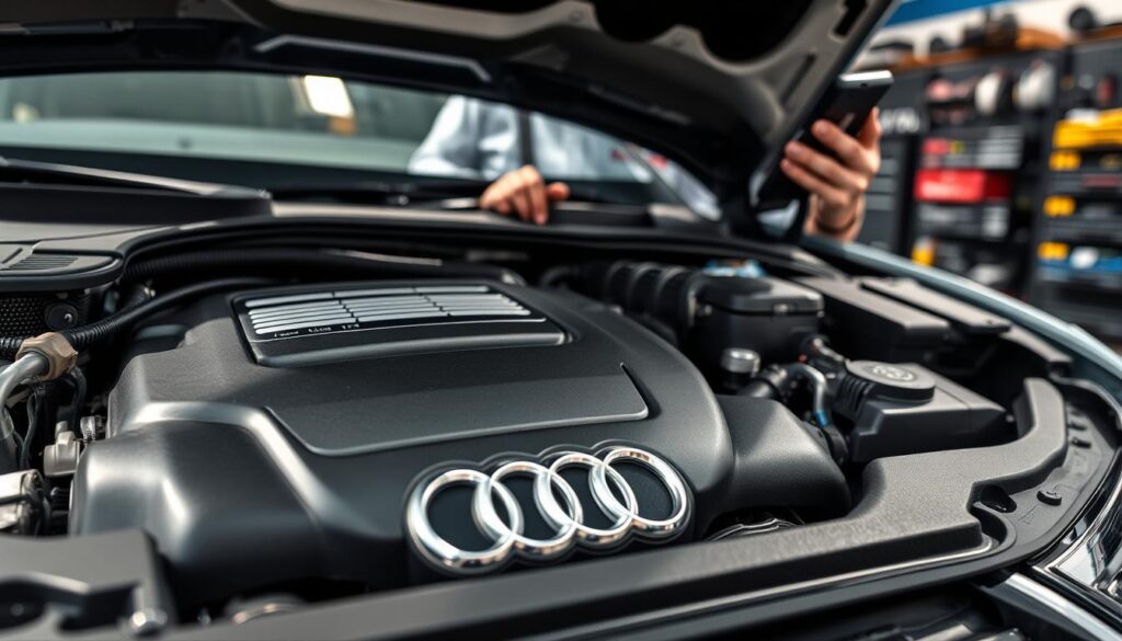 A close-up view of a well-maintained Audi A3 8P engine bay, highlighting intricate details such as the chrome accents, intricate wiring, and the distinctive Audi emblem. The foreground focuses on the engine block, showcasing its clean surfaces and the arrangement of various components. In the middle ground, include a mechanic in professional attire, carefully inspecting the engine while holding a diagnostic tool, embodying expertise and attention to detail. The background softly blurs, suggesting a well-equipped garage environment with tools and spare parts neatly organized. The lighting is bright and natural, casting subtle reflections on the engine surfaces, creating an atmosphere of professionalism and reliability, perfect for illustrating automotive maintenance tips. A close-up view of a well-maintained Audi A3 8P engine bay, highlighting intricate details such as the chrome accents, intricate wiring, and the distinctive Audi emblem. The foreground focuses on the engine block, showcasing its clean surfaces and the arrangement of various components. In the middle ground, include a mechanic in professional attire, carefully inspecting the engine while holding a diagnostic tool, embodying expertise and attention to detail. The background softly blurs, suggesting a well-equipped garage environment with tools and spare parts neatly organized. The lighting is bright and natural, casting subtle reflections on the engine surfaces, creating an atmosphere of professionalism and reliability, perfect for illustrating automotive maintenance tips.