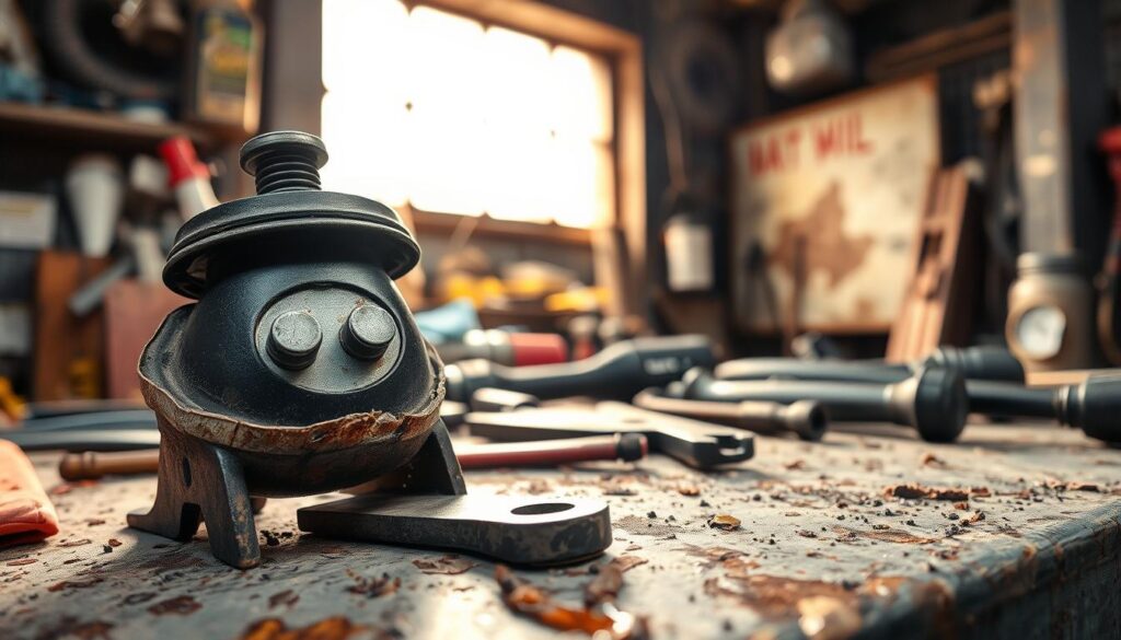 A close-up view of a worn engine mount, showcasing its cracked rubber and metal components, set against a mechanic's workshop backdrop. In the foreground, the engine mount is sharply focused, revealing signs of wear such as frayed edges and exposed metal. The middle ground features various tools scattered on a workbench, with oil stains and grease smudges, adding authenticity to the scene. In the background, dim light filters through a dusty window, casting a warm glow that enhances the mood of a busy repair shop, suggesting urgency and attention to detail. The overall atmosphere conveys a sense of concern regarding engine noise, inviting the viewer to consider the implications of neglecting such issues.