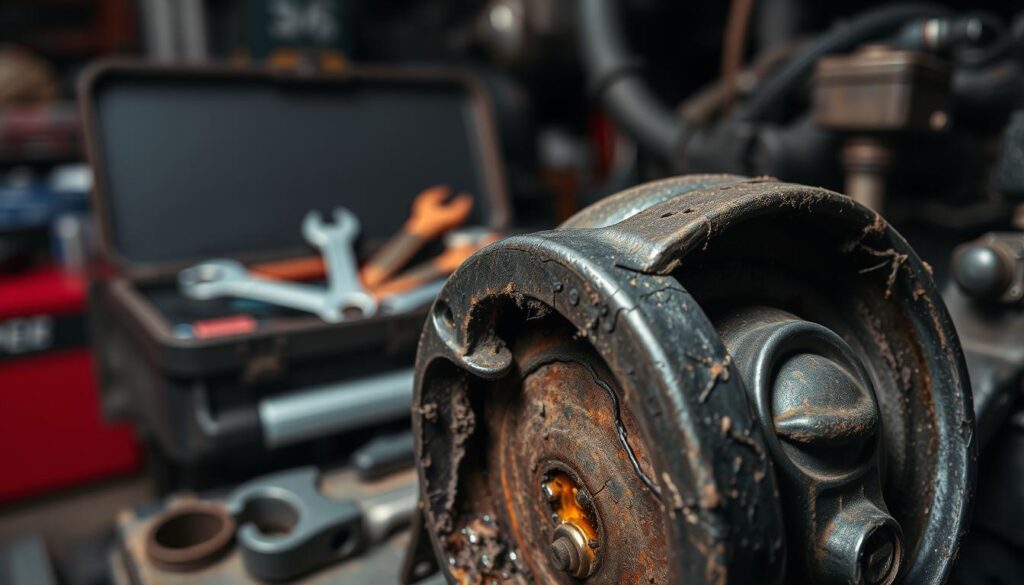 A close-up view of a worn engine mount, showcasing visible signs of wear and tear such as cracks, fraying rubber, and oil leaks. The foreground features the engine mount prominently, with a focus on the damaged areas to highlight its condition. In the middle ground, a mechanic’s toolbox is partially visible, containing tools like a wrench and pliers, indicating an environment of repair. The background displays a blurred garage setting with dim, ambient lighting, enhancing a slightly rugged atmosphere. The image should be captured at a 45-degree angle to emphasize the depth of the engine mount. Overall, the mood conveys a sense of concern regarding car maintenance, aiming to inform the viewer about the importance of recognizing engine mount problems.