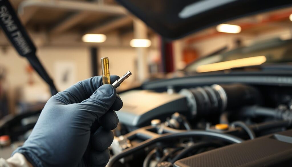 A close-up view of an automobile engine, focusing on the oil dipstick being pulled out. The foreground features a gloved hand holding the dipstick, displaying its oil level clearly. In the middle, the engine’s intricate components, like pipes and hoses, are visible, highlighting the mechanical complexity. The background is slightly blurred, showcasing a garage environment with soft, diffused lighting to create a clean, professional atmosphere. A warm glow illuminates the scene, evoking a sense of careful maintenance and attention to detail. The composition is shot from a slight angle that emphasizes depth while keeping the focus on the dipstick and oil level, conveying the practical task of checking engine oil effectively. A close-up view of an automobile engine, focusing on the oil dipstick being pulled out. The foreground features a gloved hand holding the dipstick, displaying its oil level clearly. In the middle, the engine’s intricate components, like pipes and hoses, are visible, highlighting the mechanical complexity. The background is slightly blurred, showcasing a garage environment with soft, diffused lighting to create a clean, professional atmosphere. A warm glow illuminates the scene, evoking a sense of careful maintenance and attention to detail. The composition is shot from a slight angle that emphasizes depth while keeping the focus on the dipstick and oil level, conveying the practical task of checking engine oil effectively.