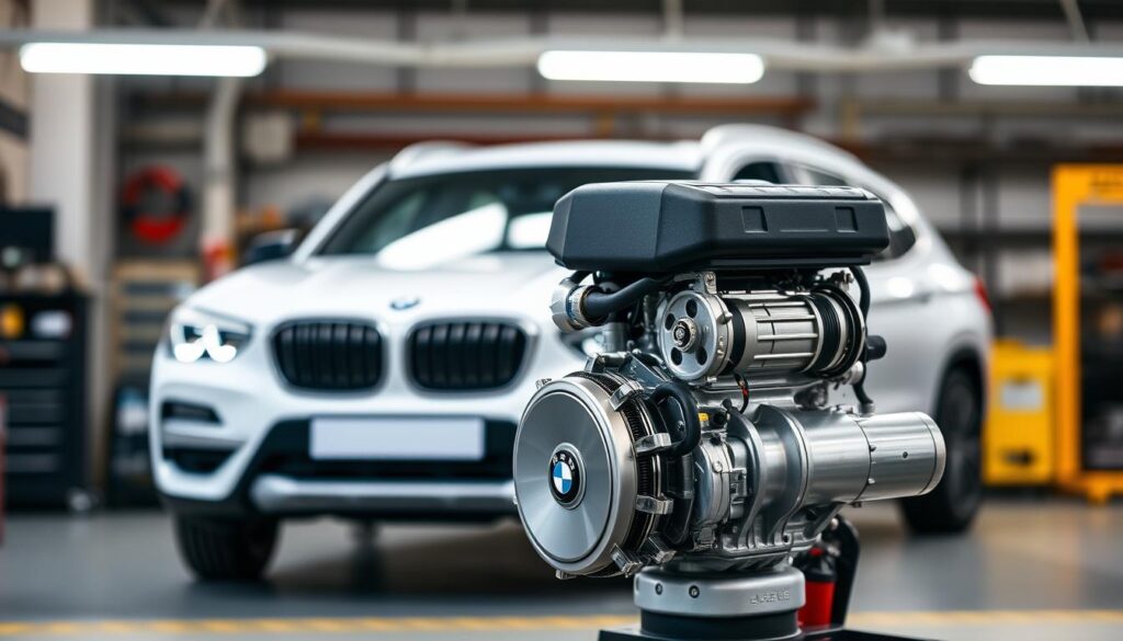 A close-up view of an economical engine designed for a BMW X3, positioned prominently in the foreground. The engine features a sleek, modern design, showcasing its compact size and efficient components. In the middle ground, there are soft-focus images of a BMW X3 vehicle, highlighting its dynamic curves and sporty silhouette, suggesting the synergy between the engine and the car. The background consists of a blurred automotive workshop, with tools and parts indicating a high-tech environment. The lighting is bright and neutral, casting gentle reflections on the engine's metal surfaces, conveying a clean and professional mood. The angle is slightly elevated to emphasize the engine’s sophistication and engineering excellence, capturing the essence of economy and performance.