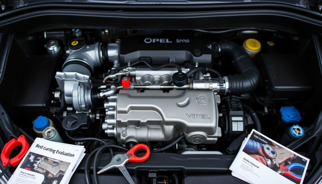 A close-up view of the engine compartment of an Opel Vivaro, showcasing the best engine options available. The engine is highlighted with detailed focus on mechanical components, such as the turbocharger and fuel injectors, gleaming under soft, diffused lighting. The foreground features tools and service manuals for added context, implying an expert evaluation. The middle ground includes the engine block and visible wiring, crisply defined against a dark, metallic background that emphasizes the vehicle's durability and performance. A slight angle provides depth, making it look dynamic and engaging. The overall mood is professional and technical, ideal for automotive enthusiasts and potential buyers.
