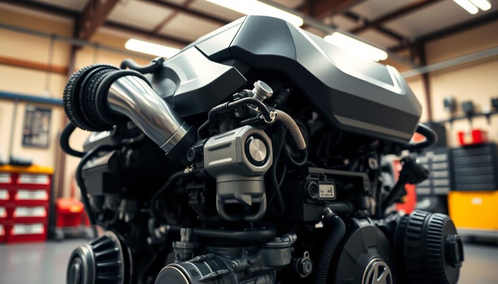 A close-up view of the engine of a Hyundai IX20, showcasing its sleek design and advanced engineering. The engine is prominently displayed in a well-lit garage setting that emphasizes the fine details of the components—pipes, bolts, and hoses—in glossy metal and pristine plastic textures. In the background, soft, diffused lighting creates a warm atmosphere, while the garage is neatly organized with car maintenance tools and equipment. The image is captured from a low angle to highlight the size and sophistication of the engine while ensuring clarity on essential features. The overall mood is informative and professional, ideal for illustrating the best engine choice for a Hyundai IX20.