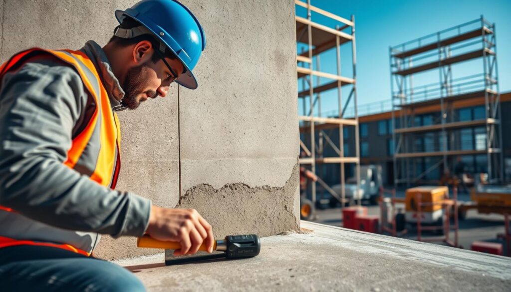A construction site focused on surface preparation for facade installation. In the foreground, a worker in a hard hat and safety vest meticulously checks the substrate, with tools like a trowel and measuring tape nearby. The middle ground features an uneven wall surface being smoothed with a leveling compound, showcasing textures and materials like concrete and adhesive. In the background, scaffolding and construction equipment create a busy but organized environment, with blue skies overhead. Soft, natural lighting emphasizes the details, and a slight depth of field blurs the background slightly to highlight the worker's actions. The atmosphere is industrious yet focused, conveying the importance of proper groundwork in construction. A construction site focused on surface preparation for facade installation. In the foreground, a worker in a hard hat and safety vest meticulously checks the substrate, with tools like a trowel and measuring tape nearby. The middle ground features an uneven wall surface being smoothed with a leveling compound, showcasing textures and materials like concrete and adhesive. In the background, scaffolding and construction equipment create a busy but organized environment, with blue skies overhead. Soft, natural lighting emphasizes the details, and a slight depth of field blurs the background slightly to highlight the worker's actions. The atmosphere is industrious yet focused, conveying the importance of proper groundwork in construction.