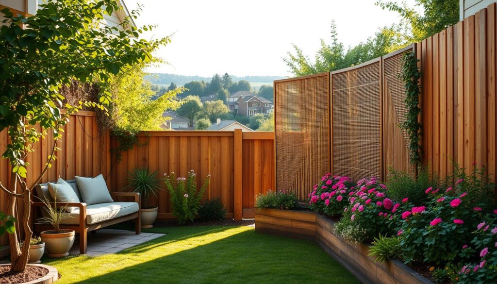 A cozy garden scene highlighting privacy solutions between neighbors. In the foreground, a well-maintained wooden fence adorned with climbing vines, creating a natural barrier. To the left, a small cozy seating area with a stylish outdoor sofa and potted plants, inviting relaxation. In the middle, tall bamboo screens providing additional privacy, complemented by colorful flower beds brimming with blooms. The background features a serene landscape with distant homes partially obscured by lush greenery, enhancing the feeling of seclusion. The scene is illuminated by warm afternoon light, casting soft shadows that create a peaceful ambiance. A wide-angle view captures both the beauty and the clever use of space, evoking a sense of tranquility and personal retreat. A cozy garden scene highlighting privacy solutions between neighbors. In the foreground, a well-maintained wooden fence adorned with climbing vines, creating a natural barrier. To the left, a small cozy seating area with a stylish outdoor sofa and potted plants, inviting relaxation. In the middle, tall bamboo screens providing additional privacy, complemented by colorful flower beds brimming with blooms. The background features a serene landscape with distant homes partially obscured by lush greenery, enhancing the feeling of seclusion. The scene is illuminated by warm afternoon light, casting soft shadows that create a peaceful ambiance. A wide-angle view captures both the beauty and the clever use of space, evoking a sense of tranquility and personal retreat.