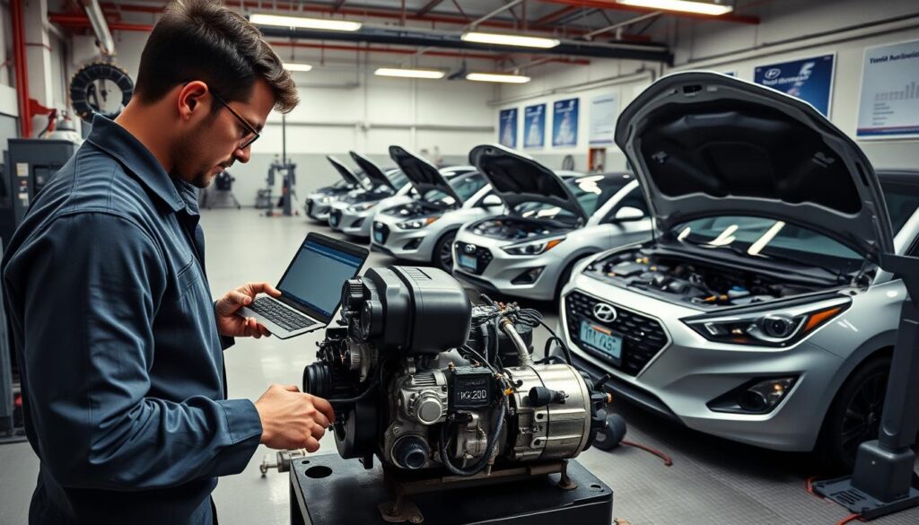 A detailed and informative automotive workshop scene featuring the Hyundai ix20 engine being tested. In the foreground, a skilled mechanic in professional attire is analyzing the engine on a sturdy workbench, using diagnostic tools and a laptop to monitor performance metrics. The middle ground showcases a well-lit garage with various Hyundai ix20 models parked, some with hoods open, revealing their engines. In the background, equipment like an engine test rig and diagnostic machines are visible, along with posters highlighting specifications. The lighting is bright and focused on the work area, creating a professional atmosphere that emphasizes precision and expertise. The overall mood is industrious, reflecting the technical nature of the engine testing process.