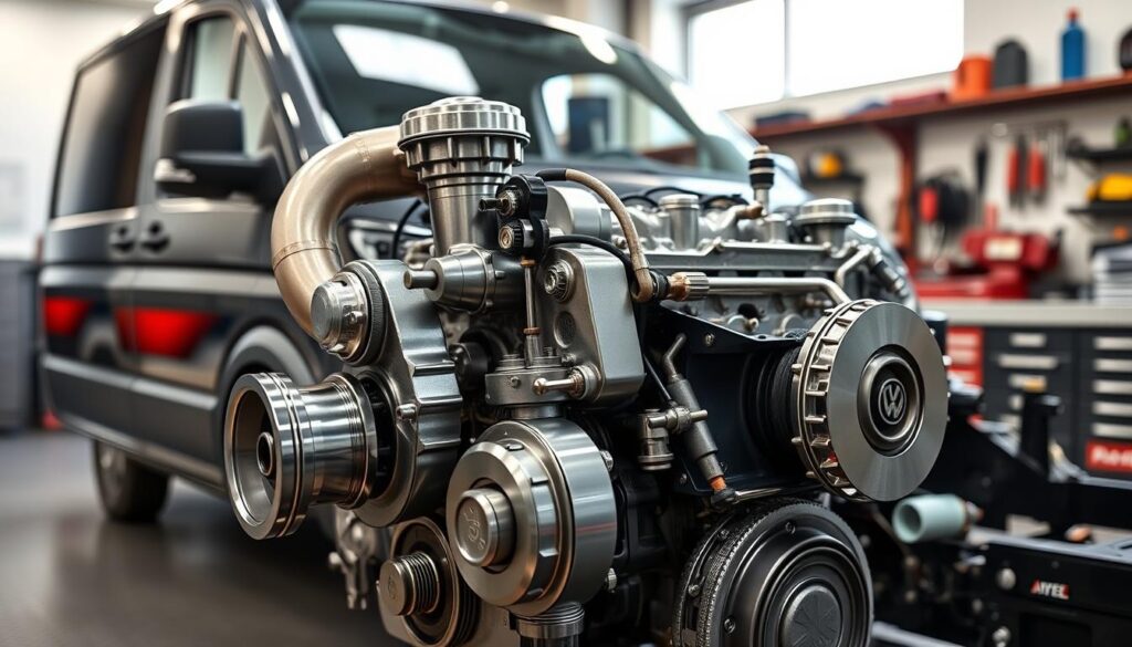 A detailed and professional visualization of a Volkswagen T5 diesel engine. In the foreground, prominently display the engine itself with polished metal components reflecting a natural light from an overhead source, showing intricate details like the turbocharger and fuel injectors. The middle ground should include the T5 chassis with the vehicle partially disassembled to highlight accessibility to the engine. The background features a clean, well-lit automotive workshop environment with tools and equipment neatly organized. The image should convey a sense of precision and engineering excellence, with a bright yet professional atmosphere. Capture this scene from a slightly elevated angle to emphasize the engine's features and relationship to the vehicle, while ensuring the overall focus remains on the T5 diesel engine components. A detailed and professional visualization of a Volkswagen T5 diesel engine. In the foreground, prominently display the engine itself with polished metal components reflecting a natural light from an overhead source, showing intricate details like the turbocharger and fuel injectors. The middle ground should include the T5 chassis with the vehicle partially disassembled to highlight accessibility to the engine. The background features a clean, well-lit automotive workshop environment with tools and equipment neatly organized. The image should convey a sense of precision and engineering excellence, with a bright yet professional atmosphere. Capture this scene from a slightly elevated angle to emphasize the engine's features and relationship to the vehicle, while ensuring the overall focus remains on the T5 diesel engine components.