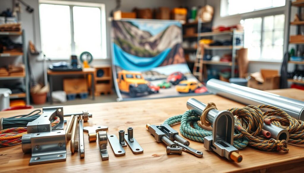 A detailed arrangement of banner mounting accessories in a well-lit workshop setting. In the foreground, display a variety of tools including sturdy metal brackets, colorful ropes, and heavy-duty clamps neatly organized on a wooden workbench. The middle ground features a partially unrolled vinyl banner, showcasing its vibrant graphics, with a backdrop of shelves filled with additional installation equipment. The background shows a large window allowing natural light to spill into the room, creating a warm and productive atmosphere. The scene is photographed from a slightly elevated angle, capturing all elements clearly while emphasizing the workshop's practicality. The mood is professional yet inviting, suggesting a focus on safety and efficiency in banner installation.