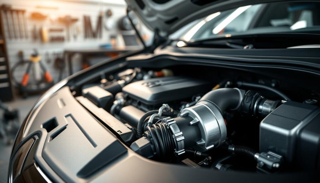 A detailed close-up of the engine compartment of a Renault Megane 3, showcasing the various engine options available. The image should feature the sleek design and intricate components of the engine, such as the turbocharger, intake manifold, and wiring, displayed prominently in the foreground. In the middle ground, include the car's hood slightly ajar, revealing the engine's polished surfaces reflecting soft, natural lighting. The background should be a subtle automotive workshop setting, with tools and parts in soft focus to emphasize the engine. The atmosphere should convey professionalism and technical expertise, illustrating the engine's design and engineering excellence. Use a shallow depth of field with a macro lens effect to capture the fine details. A detailed close-up of the engine compartment of a Renault Megane 3, showcasing the various engine options available. The image should feature the sleek design and intricate components of the engine, such as the turbocharger, intake manifold, and wiring, displayed prominently in the foreground. In the middle ground, include the car's hood slightly ajar, revealing the engine's polished surfaces reflecting soft, natural lighting. The background should be a subtle automotive workshop setting, with tools and parts in soft focus to emphasize the engine. The atmosphere should convey professionalism and technical expertise, illustrating the engine's design and engineering excellence. Use a shallow depth of field with a macro lens effect to capture the fine details.