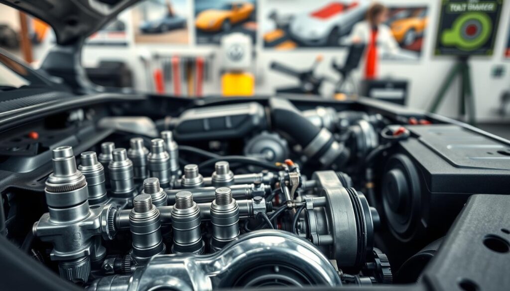 A detailed close-up view of the engine compartment of a Volkswagen Golf Sportsvan showcasing various gasoline engines. In the foreground, highlight the engine's intricate components, such as the spark plugs, intake manifold, and fuel injection system, with polished metal surfaces reflecting ambient light. The middle ground features the entire engine clearly visible, displaying different engine sizes and designs that are typical for this model. The background should be a soft-focus garage setting, with tools and automotive posters creating an inviting automotive atmosphere. Use natural lighting to enhance the metallic textures, and apply a slight depth of field to emphasize the engine details. The overall mood should be technical and informative, aimed at car enthusiasts.