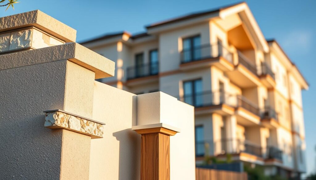 A detailed comparison of decorative corner elements for facades, featuring various styles such as modern, traditional, and minimalist. In the foreground, showcase three distinct corner designs, each made from different materials like stone, wood, and composite, with texture details clearly visible. The middle ground includes a wall section that highlights the application of these corners, illuminated by soft sunlight to emphasize shadows and depth, offering a sense of warmth. In the background, a blurred residential building exemplifies a harmonious facade integrating these corner features, set against a clear blue sky. The atmosphere should evoke professionalism and aesthetic appeal, ensuring a clean and organized presentation without distractions.