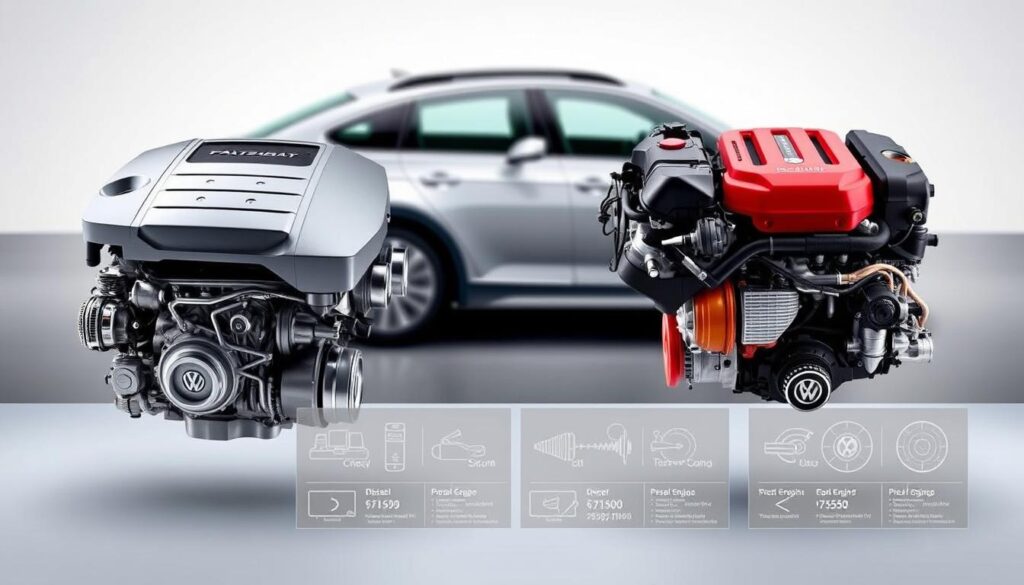 A detailed comparison of the Volkswagen Passat B7's petrol and diesel engines, featuring two distinct engine designs displayed side by side. In the foreground, showcase a modern diesel engine with a sleek, metallic finish, emphasizing its components with polished chrome accents. Next to it, present a petrol engine, characterized by vibrant colors and intricate details, highlighting its efficiency and technology. In the middle ground, display technical specifications on each engine represented as clean diagrams or infographics. The background features a soft-focus image of a Passat B7 in motion, symbolizing performance and reliability. The lighting is bright and evenly distributed, creating a professional atmosphere, while a subtle depth of field draws attention to the engines. The overall mood is informative and engaging, ideal for a technical audience.