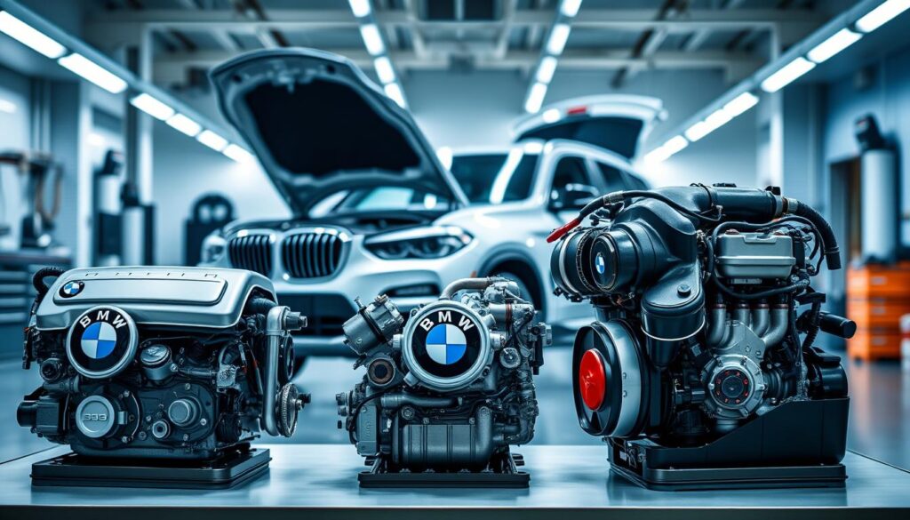 A detailed composition showcasing verified engine types suitable for a BMW X3. In the foreground, place three distinct engines on display, each with a polished finish and identifiable components, like the BMW logo and specific engine parts, arranged aesthetically. The middle ground features an elegant BMW X3 positioned at an angle that highlights its sleek design, with the engine compartment partially open to show the compatibility with the visible engines. In the background, a clean automotive workshop with bright, fluorescent lighting enhances the technical atmosphere. Use a shallow depth of field to focus sharply on the engines and the X3, creating a sense of professional authenticity. The overall mood should be informative and technical, reflecting the precision of automotive engineering.