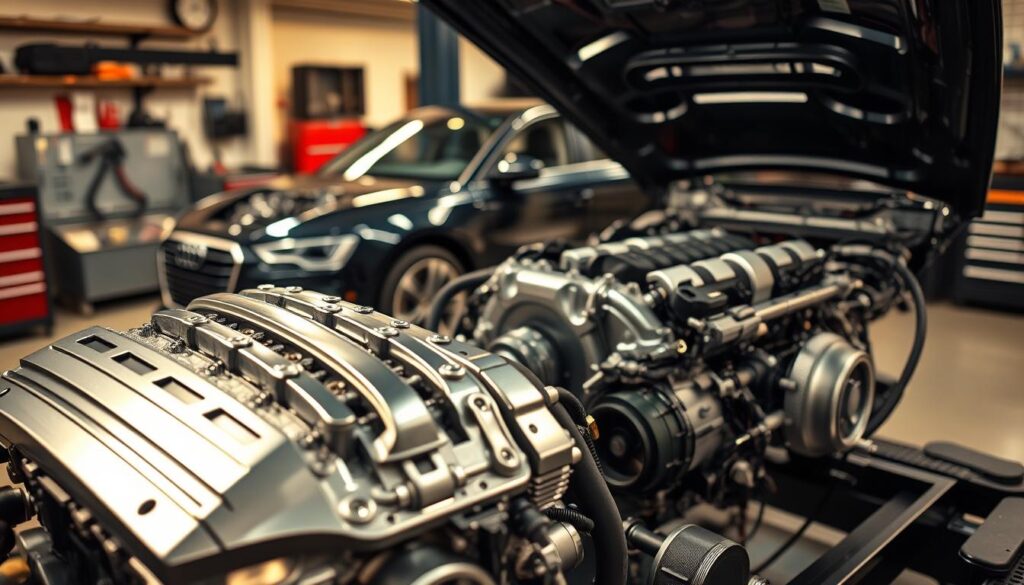 A detailed engine bay showcasing the gasoline engines of the Audi A6 C7. In the foreground, display a polished engine block with meticulous detailing, emphasizing chrome and aluminum parts gleaming under bright, focused lighting. In the middle, show a partially disassembled Audi A6 C7, allowing a clear view of the engine compartment, surrounded by high-quality diagnostic tools and a sleek black workbench. The background should feature a blurred workshop or garage, hinting at an automotive environment, with warm ambient lighting to create a professional and inviting atmosphere. Capture the scene from a slightly elevated angle to provide depth and clarity, focusing on the sophistication and engineering excellence characteristic of Audi vehicles. No text or logos included. A detailed engine bay showcasing the gasoline engines of the Audi A6 C7. In the foreground, display a polished engine block with meticulous detailing, emphasizing chrome and aluminum parts gleaming under bright, focused lighting. In the middle, show a partially disassembled Audi A6 C7, allowing a clear view of the engine compartment, surrounded by high-quality diagnostic tools and a sleek black workbench. The background should feature a blurred workshop or garage, hinting at an automotive environment, with warm ambient lighting to create a professional and inviting atmosphere. Capture the scene from a slightly elevated angle to provide depth and clarity, focusing on the sophistication and engineering excellence characteristic of Audi vehicles. No text or logos included.