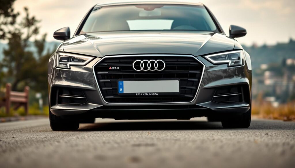 A detailed front view of an Audi A3 8P, parked on a scenic road, showcasing its elegant design. In the foreground, highlight the sleek lines and aggressive grille of the car, emphasizing the model's aerodynamic shape. The middle ground features a blurred view of the surrounding landscape, hinting at a serene countryside or city vibe. The background includes soft-focus elements like trees or buildings to create depth. The lighting is soft and natural, simulating a late afternoon glow, enhancing the car's metallic finish. The image is captured from a low angle, giving it a commanding presence while maintaining an inviting atmosphere. No text or logos are present, ensuring a clean, professional look. A detailed front view of an Audi A3 8P, parked on a scenic road, showcasing its elegant design. In the foreground, highlight the sleek lines and aggressive grille of the car, emphasizing the model's aerodynamic shape. The middle ground features a blurred view of the surrounding landscape, hinting at a serene countryside or city vibe. The background includes soft-focus elements like trees or buildings to create depth. The lighting is soft and natural, simulating a late afternoon glow, enhancing the car's metallic finish. The image is captured from a low angle, giving it a commanding presence while maintaining an inviting atmosphere. No text or logos are present, ensuring a clean, professional look.