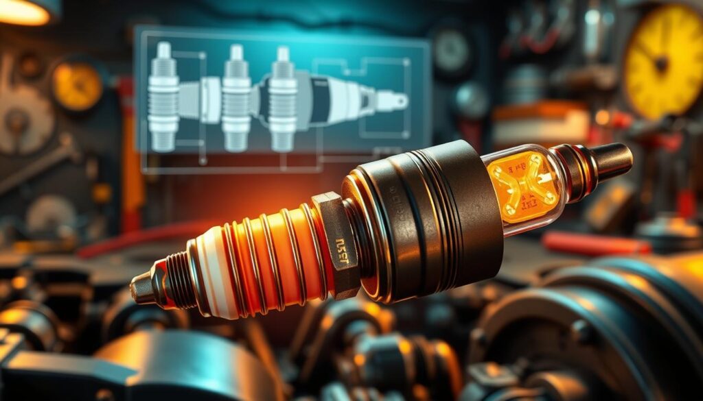 A detailed illustration depicting the inner workings of a glow plug in an automotive engine. In the foreground, show a close-up view of a glow plug, highlighting its heating element and the connection points with intricate details. In the middle ground, include a diagram-style representation of the glow plug's placement in a diesel engine, with bolts and connectors clearly illustrated. In the background, utilize a soft-focus of a mechanic's workstation, adorned with tools and parts, creating a realistic workshop atmosphere. The lighting should be warm and inviting, simulating the glow of the heating element, while maintaining clarity and sharpness on the glow plug itself. The overall mood should convey a sense of technical expertise and reliability.
