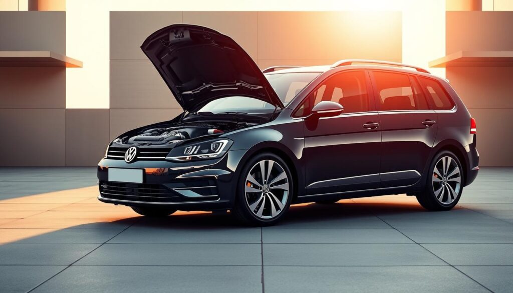 A detailed illustration of a Volkswagen Golf Sportsvan showcasing the engine specifications of the 1.4 TSI model. In the foreground, a sleek Golf Sportsvan is parked, its engine bay slightly open to reveal the compact yet powerful 1.4 TSI engine, highlighting its modern design and intricate engineering. In the middle, the backdrop features a smooth, upscale urban environment with soft lighting that enhances the vehicle’s glossy exterior. The scene is captured from a low angle to emphasize the car’s sporty lines and aerodynamic shape, while the late afternoon sunlight casts a warm glow, creating an inviting atmosphere. The overall mood is one of sophistication and performance, reflecting the elegance and technical prowess of the Golf Sportsvan.