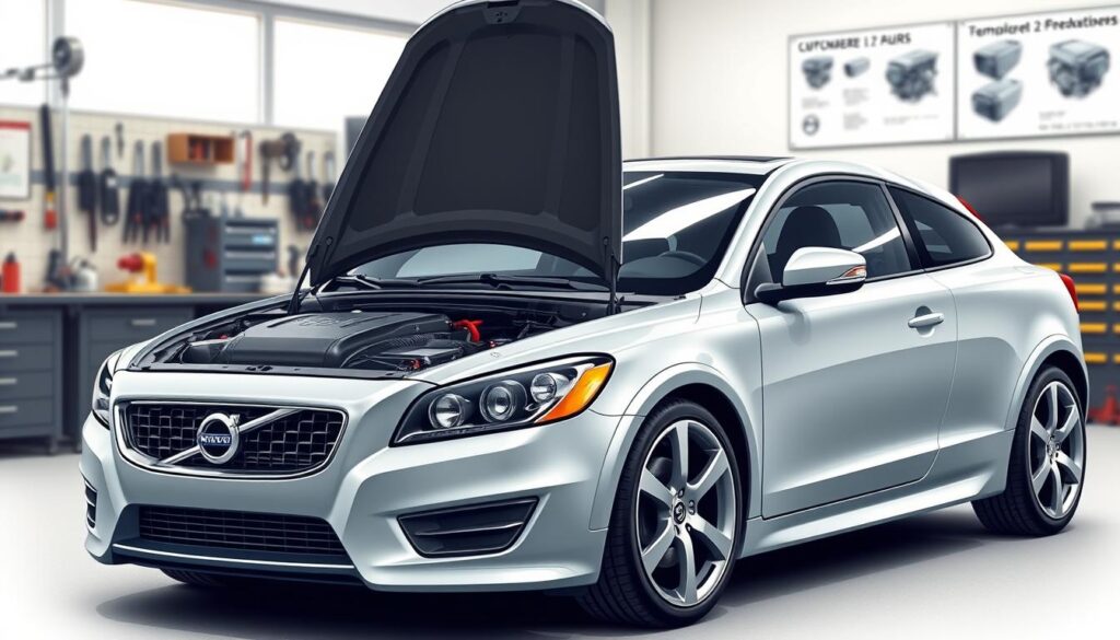 A detailed illustration of a Volvo C30, showcasing its various engine options in an automotive workshop setting. In the foreground, a sleek and stylish Volvo C30 is parked, with its hood open, revealing a close-up view of the engine compartment, highlighting the different engine types available. In the middle ground, automotive tools and equipment are arranged neatly, suggesting a professional mechanic's workspace. The background features a subtle blur of car parts and a wall-mounted display showcasing engine specifications. Soft, even lighting accentuates the car's contours and shines on the metallic surfaces, creating a clean and inviting atmosphere. The image should evoke a sense of professionalism and technical expertise, ideal for an automotive article. A detailed illustration of a Volvo C30, showcasing its various engine options in an automotive workshop setting. In the foreground, a sleek and stylish Volvo C30 is parked, with its hood open, revealing a close-up view of the engine compartment, highlighting the different engine types available. In the middle ground, automotive tools and equipment are arranged neatly, suggesting a professional mechanic's workspace. The background features a subtle blur of car parts and a wall-mounted display showcasing engine specifications. Soft, even lighting accentuates the car's contours and shines on the metallic surfaces, creating a clean and inviting atmosphere. The image should evoke a sense of professionalism and technical expertise, ideal for an automotive article.