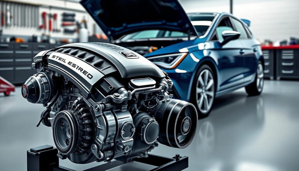 A detailed illustration of the best engine for a Seat Leon 3, featuring a sleek, polished engine block positioned prominently in the foreground. The engine has visible high-performance components, showcasing its advanced technology. In the middle ground, a stylish Seat Leon 3 is depicted, slightly angled to demonstrate its aerodynamic shape, with the hood lifted to reveal the engine clearly. The background features a modern automotive workshop setting with tools and equipment, subtly blurred to keep focus on the car and engine. Soft, diffused lighting enhances the metallic textures, while a cool color palette adds a professional and technical atmosphere. The angle should emphasize the engine's sophistication and performance attributes, creating an enticing visual for enthusiasts. A detailed illustration of the best engine for a Seat Leon 3, featuring a sleek, polished engine block positioned prominently in the foreground. The engine has visible high-performance components, showcasing its advanced technology. In the middle ground, a stylish Seat Leon 3 is depicted, slightly angled to demonstrate its aerodynamic shape, with the hood lifted to reveal the engine clearly. The background features a modern automotive workshop setting with tools and equipment, subtly blurred to keep focus on the car and engine. Soft, diffused lighting enhances the metallic textures, while a cool color palette adds a professional and technical atmosphere. The angle should emphasize the engine's sophistication and performance attributes, creating an enticing visual for enthusiasts.