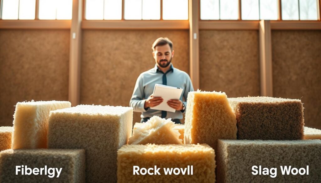 A detailed illustration of various types of mineral wool materials used for building insulation. In the foreground, display different samples of mineral wool, segmented by type, showcasing their textures and colors—fiberglass, rock wool, and slag wool. In the middle ground, a professional architect examines the materials with a notepad, dressed in smart casual attire, providing a sense of focus and expertise. The background should feature a well-lit construction site with insulated walls, emphasizing the practical application of these materials. Soft natural lighting filtering in from large windows creates a warm atmosphere, while a wide-angle perspective captures the scene effectively. The overall mood should convey professionalism and innovation in building materials. A detailed illustration of various types of mineral wool materials used for building insulation. In the foreground, display different samples of mineral wool, segmented by type, showcasing their textures and colors—fiberglass, rock wool, and slag wool. In the middle ground, a professional architect examines the materials with a notepad, dressed in smart casual attire, providing a sense of focus and expertise. The background should feature a well-lit construction site with insulated walls, emphasizing the practical application of these materials. Soft natural lighting filtering in from large windows creates a warm atmosphere, while a wide-angle perspective captures the scene effectively. The overall mood should convey professionalism and innovation in building materials.