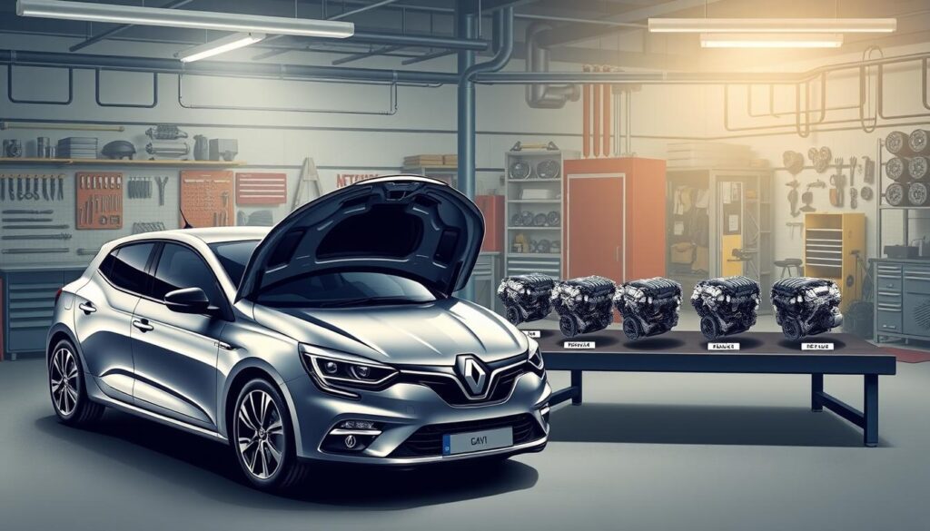 A detailed illustration showcasing the engine options for a Renault Megane 3, focusing on the engines in a professional, automotive setting. In the foreground, prominently feature a stylish Renault Megane 3 in a sleek, metallic finish with the hood open, displaying the engine compartment. In the middle ground, depict various engine models labeled clearly, showcasing their size and specifications, arranged neatly on a workshop table. The background should present a modern automotive workshop filled with tools and engine parts, softly illuminated by overhead lights, evoking a sense of professionalism and technical prowess. The overall mood should be informative and inviting, drawing viewers into the world of engine selection for the Renault Megane 3. A detailed illustration showcasing the engine options for a Renault Megane 3, focusing on the engines in a professional, automotive setting. In the foreground, prominently feature a stylish Renault Megane 3 in a sleek, metallic finish with the hood open, displaying the engine compartment. In the middle ground, depict various engine models labeled clearly, showcasing their size and specifications, arranged neatly on a workshop table. The background should present a modern automotive workshop filled with tools and engine parts, softly illuminated by overhead lights, evoking a sense of professionalism and technical prowess. The overall mood should be informative and inviting, drawing viewers into the world of engine selection for the Renault Megane 3.