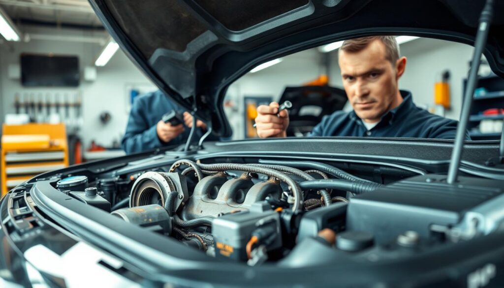 A detailed image of a Volkswagen Passat B7, highlighting various visible mechanical issues around the engine area. In the foreground, focus on the engine compartment with signs of wear, such as frayed belts, leaking fluids, and corrosion. In the middle ground, capture a mechanic in professional attire examining the engine with tools in hand, conveying a sense of diligence. In the background, a well-lit garage setting with tools and equipment, showcasing a clean, organized workspace. The lighting should be bright and neutral, emphasizing the details of the car and the mechanic's focused expression. The overall mood should be serious and technical, reflecting the theme of automotive service issues.