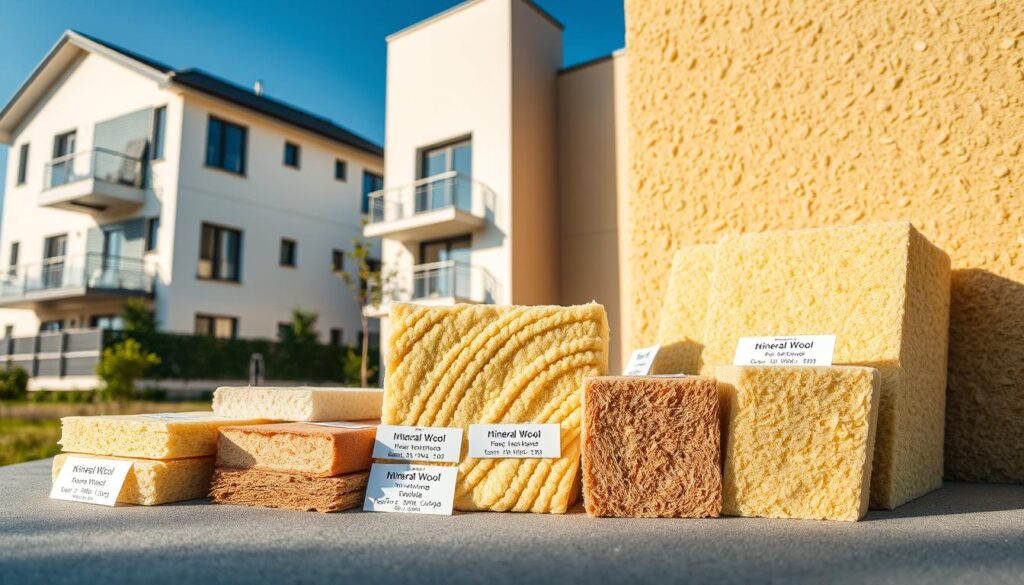 A detailed image of a selection of mineral wool insulation materials displayed on an outdoor setting, showcasing different types designed for building facades. In the foreground, various samples of mineral wool in varying colors and densities are neatly arranged, with labels indicating their specific applications. The middle ground includes a close-up view of a wall under construction, partially insulated, highlighting the installation process of the mineral wool. The background features a modern residential building with a clean, contemporary facade, partially covered with insulation, under a clear blue sky. Soft, natural sunlight illuminates the scene, casting gentle shadows and emphasizing the texture of the materials. The overall mood is professional and informative, ideal for an educational context. A detailed image of a selection of mineral wool insulation materials displayed on an outdoor setting, showcasing different types designed for building facades. In the foreground, various samples of mineral wool in varying colors and densities are neatly arranged, with labels indicating their specific applications. The middle ground includes a close-up view of a wall under construction, partially insulated, highlighting the installation process of the mineral wool. The background features a modern residential building with a clean, contemporary facade, partially covered with insulation, under a clear blue sky. Soft, natural sunlight illuminates the scene, casting gentle shadows and emphasizing the texture of the materials. The overall mood is professional and informative, ideal for an educational context.