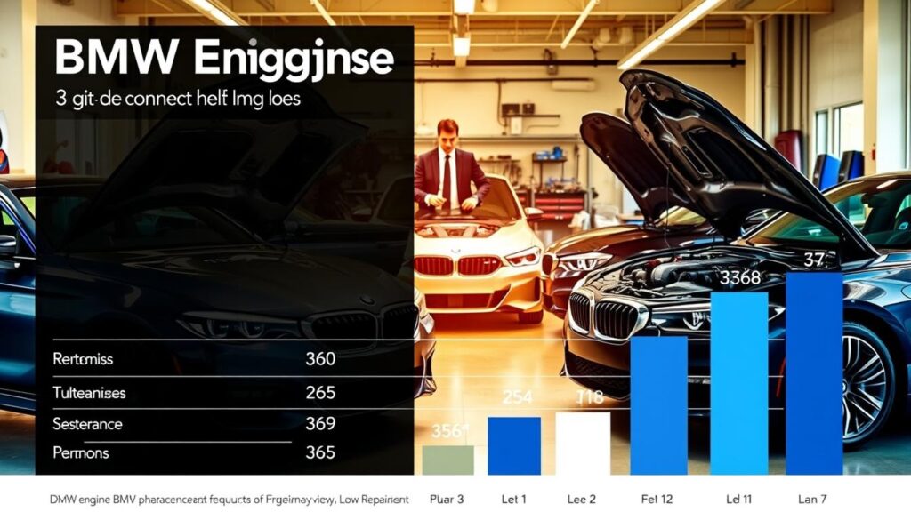 A detailed ranking of BMW engines displayed prominently in an infographic style. In the foreground, a well-organized chart shows various BMW engine models ranked by reliability, with graphical indicators for low repair frequencies. In the middle ground, there are sleek BMW cars nestled within a vibrant automotive workshop environment, showcasing the engines underneath the hoods, glistening in soft daylight. The background features a mechanic in business attire examining an engine, surrounded by tools and equipment, conveying a sense of professionalism and expertise. The atmosphere is bright and engaging, with a focus on clarity and visual appeal. The lighting highlights the details of the engines and the mechanics at work, creating an informative yet inviting scene.