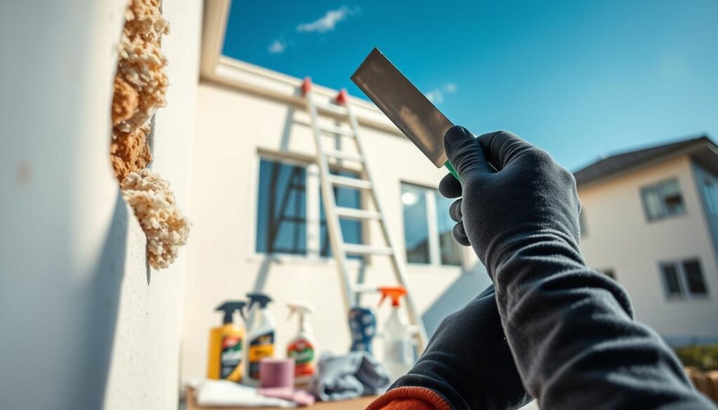 A detailed scene illustrating effective techniques for removing foam insulation from an exterior surface. In the foreground, a pair of hands in gloves holds a putty knife, skillfully scraping dried foam from a wall, ensuring close attention to detail. In the middle ground, a ladder leans against the wall, providing perspective, while various cleaning tools like solvents and cloths are neatly arranged. The background features a modern building with a freshly painted façade, showcasing a clear blue sky, emphasizing a clean and tidy atmosphere. Soft, natural lighting highlights the textures of the wall and tools, creating a professional and informative mood. The focus is sharp, capturing the essence of practical advice in a home improvement setting.
