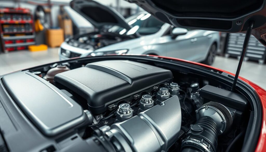 A detailed view of a Seat Leon 3 engine, showcasing the sleek design and engineering intricacies. In the foreground, focus on the engine components, with metallic finishes and visible wiring, emphasizing the precision of automotive engineering. The middle ground features the Seat Leon 3 car, parked with an open hood, allowing a glimpse of the engine. In the background, include a soft-focus workshop setting with tools and equipment, highlighting an environment of automotive expertise. Use natural lighting to create a clean, professional atmosphere, and employ a slight angle for a dynamic perspective. Capture the mood of innovation and reliability associated with the Seat Leon 3, aiming for an informative yet visually appealing composition. A detailed view of a Seat Leon 3 engine, showcasing the sleek design and engineering intricacies. In the foreground, focus on the engine components, with metallic finishes and visible wiring, emphasizing the precision of automotive engineering. The middle ground features the Seat Leon 3 car, parked with an open hood, allowing a glimpse of the engine. In the background, include a soft-focus workshop setting with tools and equipment, highlighting an environment of automotive expertise. Use natural lighting to create a clean, professional atmosphere, and employ a slight angle for a dynamic perspective. Capture the mood of innovation and reliability associated with the Seat Leon 3, aiming for an informative yet visually appealing composition.