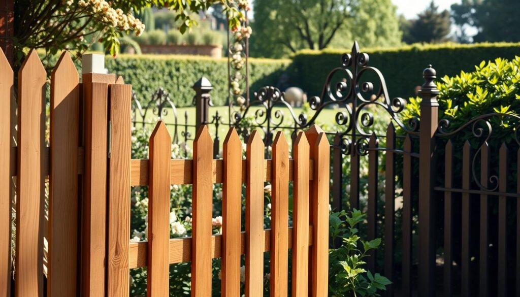 A detailed view of a garden fencing selection display showcasing various materials, prominently featuring wooden, wrought iron, and picket fences. In the foreground, a sturdy wooden fence with a natural finish stands, its texture highlighted by soft sunlight. The middle ground presents elegant wrought iron designs with intricate patterns, surrounded by blooming flowers and greenery, showcasing how the fences can blend with nature. In the background, a tranquil garden scene unfolds with lush hedges and trees, creating a serene atmosphere. The lighting is warm and inviting, emphasizing the textures of each material. The angle is slightly elevated, providing a clear perspective on the choices available for garden fencing. The overall mood is inspiring and peaceful, perfect for illustrating the importance of material selection in garden design.