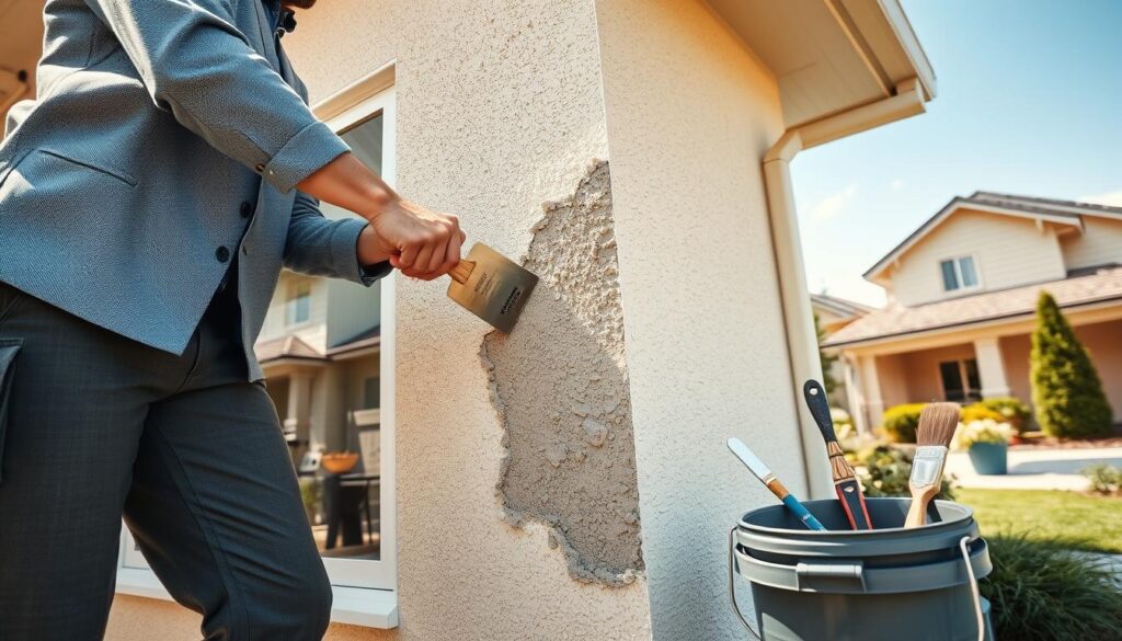 A detailed view of a home exterior featuring a partially repaired facade, showcasing tools and materials for fixing wall damage. In the foreground, a professional-looking repair technician in smart casual attire is using a trowel to apply a repair mortar on the wall. The middle ground includes a partially completed patch of textured stucco, revealing the process of repair with a bucket of paint and brushes nearby. The background depicts a suburban neighborhood with well-maintained houses, under a bright sunny sky creating a vivid and optimistic atmosphere. The lighting is natural, highlighting the textures of the wall and the repair materials. The angle is slightly low to focus on the technician's action and the repair process. A detailed view of a home exterior featuring a partially repaired facade, showcasing tools and materials for fixing wall damage. In the foreground, a professional-looking repair technician in smart casual attire is using a trowel to apply a repair mortar on the wall. The middle ground includes a partially completed patch of textured stucco, revealing the process of repair with a bucket of paint and brushes nearby. The background depicts a suburban neighborhood with well-maintained houses, under a bright sunny sky creating a vivid and optimistic atmosphere. The lighting is natural, highlighting the textures of the wall and the repair materials. The angle is slightly low to focus on the technician's action and the repair process.