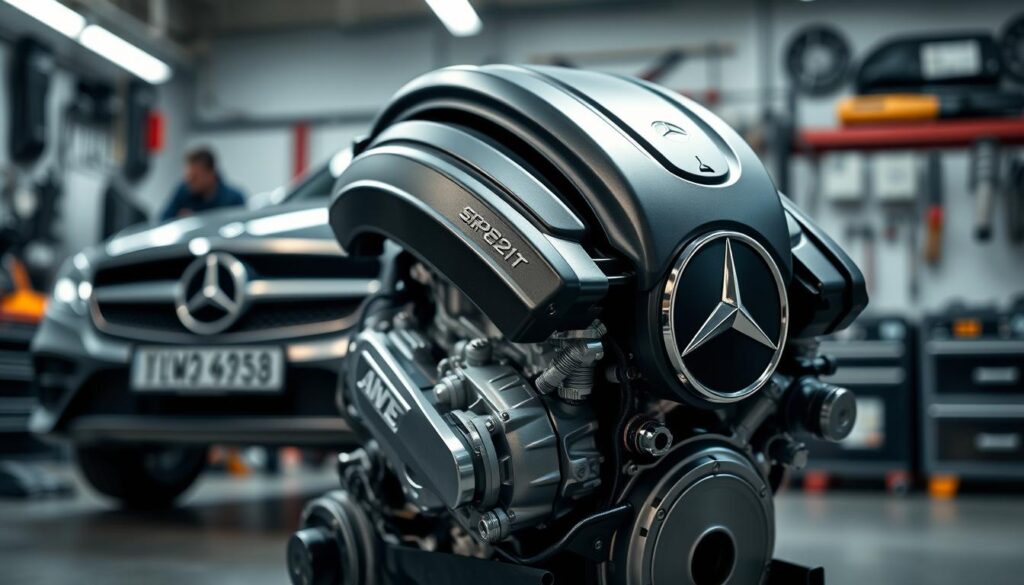 A detailed view of the best engine for a Mercedes W212, prominently displayed in the foreground. The engine is sleek and modern, showcasing its distinctive design and engineering features such as chrome accents and advanced technology components. The middle ground includes a stylized representation of the Mercedes W212 car model, set in an auto shop environment, with tools and parts in the background. Soft, ambient lighting highlights the engine's curves and textures, creating a professional atmosphere, while a slight blur in the background emphasizes the focus on the engine. The composition conveys expertise and high performance, ideal for a technical automotive article. A detailed view of the best engine for a Mercedes W212, prominently displayed in the foreground. The engine is sleek and modern, showcasing its distinctive design and engineering features such as chrome accents and advanced technology components. The middle ground includes a stylized representation of the Mercedes W212 car model, set in an auto shop environment, with tools and parts in the background. Soft, ambient lighting highlights the engine's curves and textures, creating a professional atmosphere, while a slight blur in the background emphasizes the focus on the engine. The composition conveys expertise and high performance, ideal for a technical automotive article.