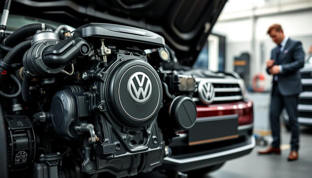 A detailed view of the diesel engine from a VW Tiguan, prominently displayed in the foreground, showcasing its intricate components and design. The engine should be illuminated by soft, natural light, emphasizing its powerful structure while casting gentle shadows to create depth. In the middle ground, include an open hood of the VW Tiguan, with the surrounding vehicle subtly blurred to highlight the engine as the focal point. In the background, a mechanic in professional business attire examines the engine, adding a human element to the scene. The mood is informative and professional, with a clean workshop environment that conveys expertise and diligence, ideal for illustrating a section about diesel engines in the VW Tiguan. A detailed view of the diesel engine from a VW Tiguan, prominently displayed in the foreground, showcasing its intricate components and design. The engine should be illuminated by soft, natural light, emphasizing its powerful structure while casting gentle shadows to create depth. In the middle ground, include an open hood of the VW Tiguan, with the surrounding vehicle subtly blurred to highlight the engine as the focal point. In the background, a mechanic in professional business attire examines the engine, adding a human element to the scene. The mood is informative and professional, with a clean workshop environment that conveys expertise and diligence, ideal for illustrating a section about diesel engines in the VW Tiguan.