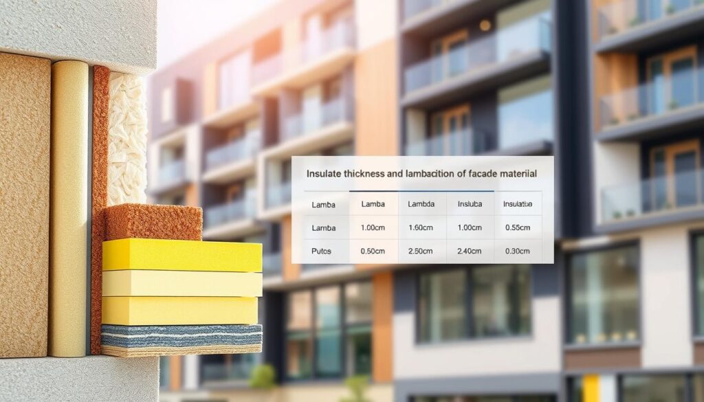A detailed visual representation illustrating the relationship between insulation thickness and lambda coefficient of facade materials. In the foreground, a section cut-away of a building wall, showing various layers including insulation material with different thicknesses, highlighted in varying shades to represent efficiency. The middle ground features a graph or chart overlay illustrating lambda values alongside insulation types, portrayed with clear distinctions and corresponding colors. The background is a soft-focus image of a modern building facade, showcasing various exterior materials. Bright, natural lighting emphasizes the details, while a slightly elevated angle provides a comprehensive view. The overall mood is informative and professional, ideal for an educational article.