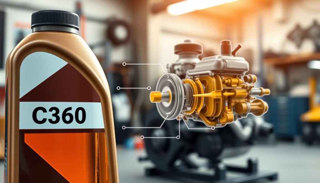 A detailed visualization of engine oil properties specifically for C360 engines. In the foreground, a close-up view of a bottle of high-quality engine oil labeled "C360" prominently displayed. The oil inside the bottle is a rich amber color, with a smooth, glossy texture. In the middle ground, an engine diagram illustrating key components of the C360 engine, highlighting areas where oil would circulate, with smooth lines and vibrant colors. The background features a blurred garage workshop with tools and machinery, enhancing the industrial feel. Soft, diffused lighting casts a warm hue over the scene, creating a professional and informative atmosphere. The composition should evoke a sense of quality and reliability, drawing attention to the characteristics of engine oil tailored for the C360. A detailed visualization of engine oil properties specifically for C360 engines. In the foreground, a close-up view of a bottle of high-quality engine oil labeled "C360" prominently displayed. The oil inside the bottle is a rich amber color, with a smooth, glossy texture. In the middle ground, an engine diagram illustrating key components of the C360 engine, highlighting areas where oil would circulate, with smooth lines and vibrant colors. The background features a blurred garage workshop with tools and machinery, enhancing the industrial feel. Soft, diffused lighting casts a warm hue over the scene, creating a professional and informative atmosphere. The composition should evoke a sense of quality and reliability, drawing attention to the characteristics of engine oil tailored for the C360.