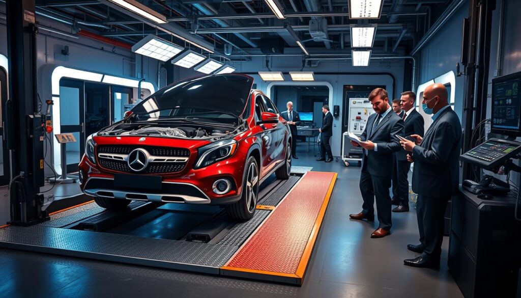 A dynamic and engaging scene showcasing the engine testing of a Mercedes GLA in a modern automotive testing facility. In the foreground, a sleek Mercedes GLA vehicle is positioned on a hydraulic lift, highlighting its advanced engine components. The middle ground includes technicians in professional business attire attentively examining data on digital screens and taking notes, conveying a sense of professionalism and focus. The background features high-tech machinery and diagnostic equipment, subtly illuminated by cool, ambient lighting to create a cutting-edge atmosphere. The image is captured from a slightly elevated angle, emphasizing the vehicle and technicians while maintaining a clean, organized composition that reflects the precision of automotive engineering.