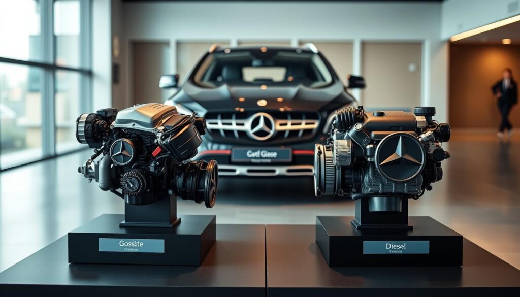 A dynamic and informative comparison of Mercedes GLA engines, set in a sleek automotive presentation room. In the foreground, two detailed engine models—one gasoline and one diesel—are displayed on a polished black pedestal, showcasing their intricate designs and features. In the middle ground, a modern Mercedes GLA vehicle is elegantly parked, highlighting its sporty yet sophisticated lines. The background features a blurred but well-lit showroom with soft, diffused lighting that emphasizes the engines and car, creating a professional atmosphere. The scene is shot from a low angle to enhance the visual impact, capturing the essence of luxury and performance associated with Mercedes. The mood is engaging and informative, ideal for a technical comparison.