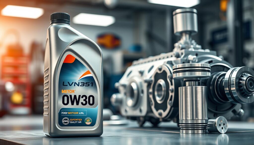 A high-quality, visually captivating composition showcasing the best 0W30 motor oil. In the foreground, a sleek, modern bottle of 0W30 motor oil stands prominently, embellished with vivid branding and clear labels indicating its superior quality. To the right, essential engine components, such as a piston and crankshaft, glisten under bright LED lighting, suggesting performance and reliability. The middle ground features a polished engine block, symbolizing the perfect synergy between oil and machinery. A soft-focus background includes an automotive workshop, with tools and equipment neatly arranged, enhancing the professional atmosphere. The scene is bathed in harmonious natural light, creating a sense of innovation and trust in automotive maintenance. The overall mood is one of precision and expertise, ideal for illustrating the section on the best motor oils for engines. A high-quality, visually captivating composition showcasing the best 0W30 motor oil. In the foreground, a sleek, modern bottle of 0W30 motor oil stands prominently, embellished with vivid branding and clear labels indicating its superior quality. To the right, essential engine components, such as a piston and crankshaft, glisten under bright LED lighting, suggesting performance and reliability. The middle ground features a polished engine block, symbolizing the perfect synergy between oil and machinery. A soft-focus background includes an automotive workshop, with tools and equipment neatly arranged, enhancing the professional atmosphere. The scene is bathed in harmonious natural light, creating a sense of innovation and trust in automotive maintenance. The overall mood is one of precision and expertise, ideal for illustrating the section on the best motor oils for engines.