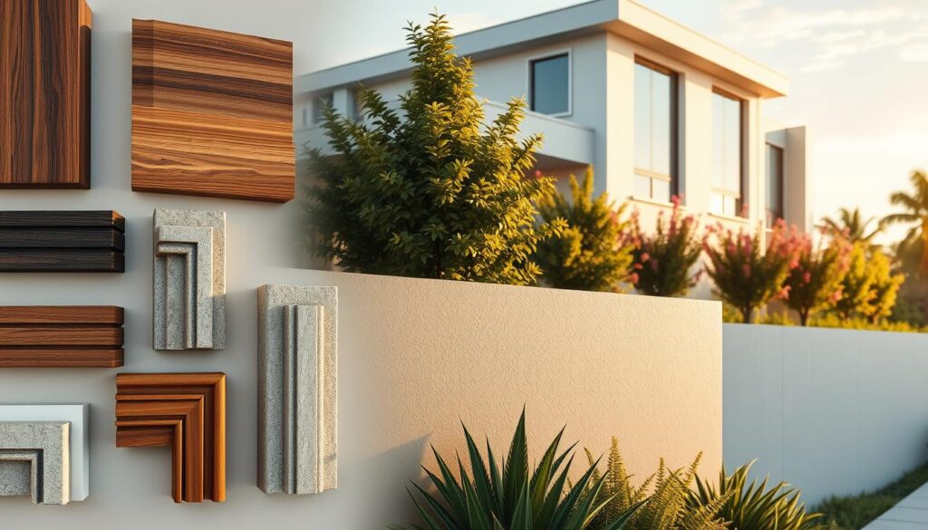 A highly detailed architectural illustration showcasing various corner designs for building facades. In the foreground, display a selection of stylish corner elements made from modern materials like wood, stone, and metal, emphasizing their textures and colors. In the middle, portray a wall section with these corners applied, showing the interplay of light and shadow. In the background, a contemporary building with a clean and minimalistic design should contrast with vibrant landscaping, creating a harmonious setting. Golden hour lighting highlights the features, casting soft shadows to enhance three-dimensionality. The scene conveys a sense of elegance and functionality, inviting viewers to consider both aesthetic appeal and practical aspects of facade corner choices.