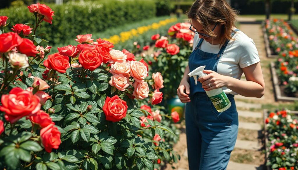 A lush garden scene featuring vibrant rose bushes, their blossoms in various shades of red, pink, and white, illustrating the beauty of healthy roses. In the foreground, a gardener wearing modest casual clothing examines the leaves for signs of pests, holding a small sprayer filled with organic pesticide. In the middle ground, the rose bushes are surrounded by healthy green foliage, while some leaves are slightly curled, indicating a pest issue. The background shows a peaceful garden pathway lined with flowerbeds under bright, natural sunlight, casting gentle shadows. The composition has a warm, nurturing atmosphere, evoking a sense of care and dedication to gardening. The image is captured with a shallow depth of field for focus on the roses and gardener, creating a serene and informative visual narrative. A lush garden scene featuring vibrant rose bushes, their blossoms in various shades of red, pink, and white, illustrating the beauty of healthy roses. In the foreground, a gardener wearing modest casual clothing examines the leaves for signs of pests, holding a small sprayer filled with organic pesticide. In the middle ground, the rose bushes are surrounded by healthy green foliage, while some leaves are slightly curled, indicating a pest issue. The background shows a peaceful garden pathway lined with flowerbeds under bright, natural sunlight, casting gentle shadows. The composition has a warm, nurturing atmosphere, evoking a sense of care and dedication to gardening. The image is captured with a shallow depth of field for focus on the roses and gardener, creating a serene and informative visual narrative.