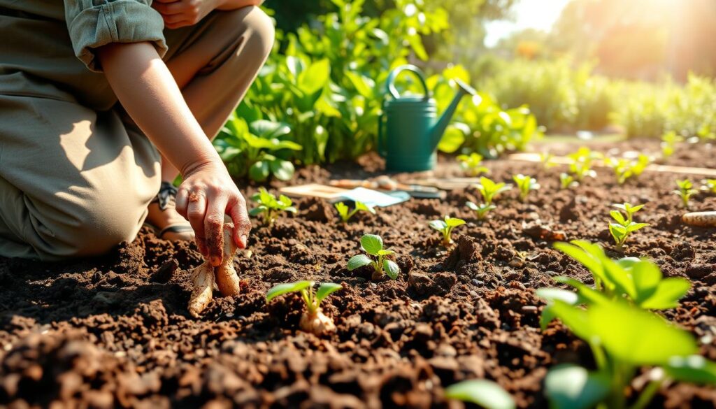 A lush garden scene showcasing the step-by-step process of planting ginger. In the foreground, a person dressed in modest gardening attire kneels in rich, dark soil, carefully placing ginger rhizomes into small holes. Their hands are earth-stained and focused, demonstrating the task at hand. In the middle ground, a variety of vibrant green plants surrounding the ginger area, with a watering can and gardening tools scattered nearby. The background features a sunny garden with bright natural light streaming down, casting soft shadows. The atmosphere is serene and inviting, embodying the joy of gardening. The angle is slightly elevated to capture both the details of the planting process and the overall beauty of the garden. A lush garden scene showcasing the step-by-step process of planting ginger. In the foreground, a person dressed in modest gardening attire kneels in rich, dark soil, carefully placing ginger rhizomes into small holes. Their hands are earth-stained and focused, demonstrating the task at hand. In the middle ground, a variety of vibrant green plants surrounding the ginger area, with a watering can and gardening tools scattered nearby. The background features a sunny garden with bright natural light streaming down, casting soft shadows. The atmosphere is serene and inviting, embodying the joy of gardening. The angle is slightly elevated to capture both the details of the planting process and the overall beauty of the garden.