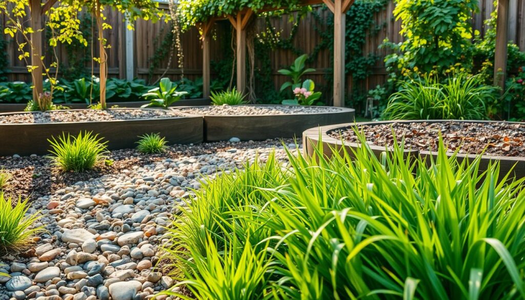 A lush garden scene showcasing various alternative materials for gardening instead of bark mulch. In the foreground, vibrant green grasses intermingle with colorful pebbles and decorative stones, creating a natural pathway. The middle ground features raised beds filled with rich soil, adorned with decorative wood chips, straw, and organic compost, hinting at sustainable gardening practices. In the background, a wooden trellis supports climbing plants, with dappled sunlight filtering through leaves, creating a warm and inviting atmosphere. The scene captures the serenity of a well-maintained garden, with a soft focus effect to evoke a peaceful mood. The lighting is warm and golden, reminiscent of a late afternoon, enhancing the natural colors and textures of the materials.
