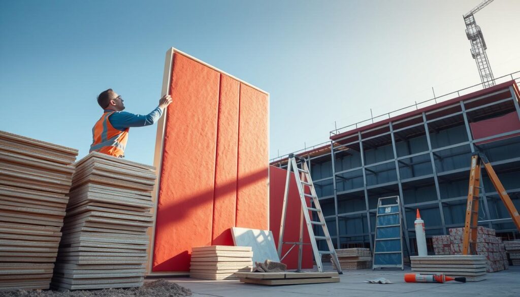 A modern construction scene showcasing thermal insulation of an exterior wall, prominently feature various insulation materials like foam boards and mineral wool. In the foreground, a skilled technician in professional work attire applies insulation to a vibrantly colored wall, demonstrating the installation process. The middle ground includes stacks of insulation materials organized neatly, while construction tools like a ladder and adhesive can be seen nearby. The background features a clear blue sky and the outline of a modern building under construction, emphasizing a productive environment. Soft, natural lighting floods the scene, creating a warm and inviting atmosphere, captured from a low-angle perspective to highlight the process and materials effectively.