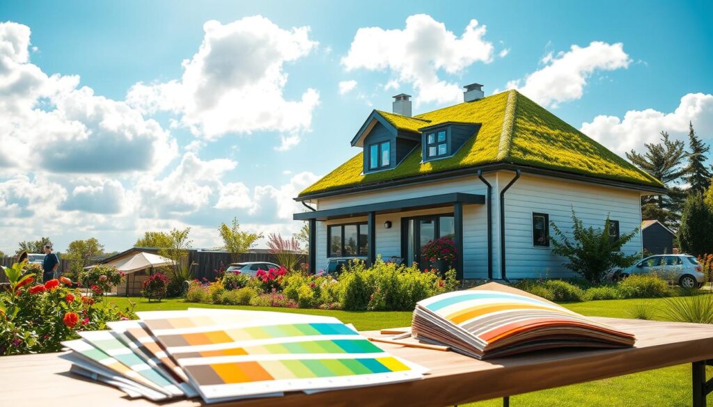 A modern home with a vibrant green roof sits in the foreground, showcasing various options for exterior wall colors that complement the roof. The house is surrounded by a lush garden filled with colorful flowers and greenery, enhancing the inviting atmosphere. The middle ground features a wide selection of paint swatches and color samples laid out on a table, with a gentle breeze causing the colors to slightly flutter. In the background, the blue sky plays contrast with fluffy white clouds, and a warm golden sunlight casts soft shadows, creating a serene and harmonious outdoor scene. The overall mood is fresh and cheerful, reflecting a thoughtful approach to color selection for home exteriors. A modern home with a vibrant green roof sits in the foreground, showcasing various options for exterior wall colors that complement the roof. The house is surrounded by a lush garden filled with colorful flowers and greenery, enhancing the inviting atmosphere. The middle ground features a wide selection of paint swatches and color samples laid out on a table, with a gentle breeze causing the colors to slightly flutter. In the background, the blue sky plays contrast with fluffy white clouds, and a warm golden sunlight casts soft shadows, creating a serene and harmonious outdoor scene. The overall mood is fresh and cheerful, reflecting a thoughtful approach to color selection for home exteriors.